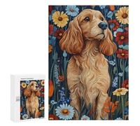 Rompecabezas 300 PCS para Adultos Cocker Spaniel in Meadow Flowers Dog Wall Art Print Rompecabezas para Adultos Juegos Divertidos Vacaciones En Casa Matar El Tiempo para Cumpleaños, Navidad 300 PCS