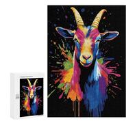 Rompecabezas 300 PCS para Adultos Colorful Goat Portrait on Black Background Rompecabezas para Adultos Juegos Divertidos Vacaciones En Casa Matar El Tiempo para Cumpleaños, Navidad 300 PCS