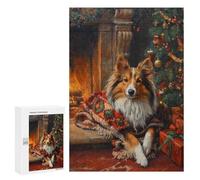 Rompecabezas 300 PCS para Adultos Cozy Christmas Shetland Sheepdog by Fireplace Painting Rompecabezas para Adultos Juegos Relajantes Corte De Precisión Oferta como Regalo para Toda La Familia 300 PCS