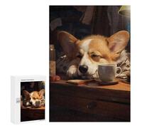 Rompecabezas 300 PCS para Adultos Cute Dog Corgi Coffee Cozy Rompecabezas para Adultos Juegos De Relajación Decoración Cumpleaños 300 PCS