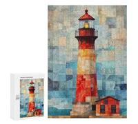 Rompecabezas 300 PCS para Adultos Lighthouse Watercolor Art Patchwork Lighthouse at Sunset Rompecabezas para Adultos Juguete Decoración De Pared Decoración del Hogar para Cumpleaños, Navidad 300 PCS