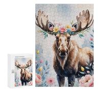 Rompecabezas 300 PCS para Adultos Moose with Floral Crown Watercolor Rompecabezas para Adultos Juguete Decoración De Pared Mejora La Memoria Regalo De Cumpleaños, Regalos, 300 PCS