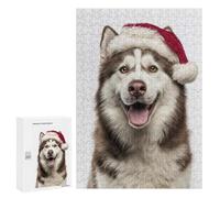 Rompecabezas 300 PCS para Adultos Siberian Husky Dog with Santa Hat Rompecabezas para Adultos Juegos Familiares Carrera De Velocidad Manual Regalos para Amigos Y Familiares 300 PCS