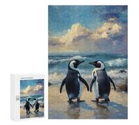 Rompecabezas 300 PCS para Adultos Two Penguins on A Beach Painting Rompecabezas para Adultos Juego De Ingenio Regalo De Cumpleaños Ayuda A Ejercitar El Cerebro 300 PCS