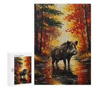 Rompecabezas 300 PCS para Adultos Wild Boar in Autumn Forest Painting Rompecabezas para Adultos Juegos Divertidos Vacaciones En Casa Matar El Tiempo para Cumpleaños, Navidad 300 PCS