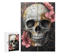 Rompecabezas 300 PCS Skull with Pink Flowers Art Print Rompecabezas para Adultos Mejora La Memoria Interacción Entre Padres E Hijos Juegos De Ingenio para La Familia 300 PCS