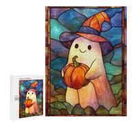 Rompecabezas 500 PCS Halloween Ghost with Pumpkin Stained Glass Rompecabezas para Adultos Juguete Decoración De Pared Patrón De Ensamblaje Oferta como Regalos para Toda La Familia 500 PCS