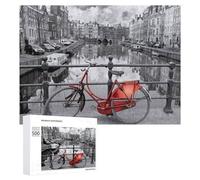 Rompecabezas 500 PCS para Adolescentes Amsterdam Canal with Red Bicycle Rompecabezas para Adultos Juegos Divertidos Una Obra De Arte Ayuda A Ejercitar El Cerebro 500 PCS