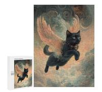 Rompecabezas 500 PCS para Adolescentes Black Cat with Wings Fantasy Cat Tribute Rompecabezas para Adultos Juego Práctico Decoración del Hogar Cumpleaños Y Navidad 500 PCS