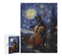 Rompecabezas 500 PCS para Adolescentes Cat Playing Cello Under Starry Night Rompecabezas Juego De Ingenio Aliviador De Estrés Desafiante para Completar 500 PCS
