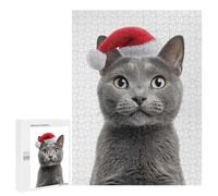 Rompecabezas 500 PCS para Adolescentes Chartreux Cat with Santa Hat Rompecabezas para Adultos Juego Práctico Pero Divertido Y Humorístico Regalo De Cumpleaños, Regalos, 500 PCS