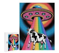 Rompecabezas 500 PCS para Adolescentes Cow Abduction by UFO with Rainbow Beam Rompecabezas para Adultos Juegos Familiares Carrera De Velocidad De Manos para Cumpleaños, Navidad 500 PCS