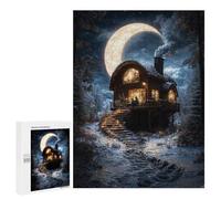 Rompecabezas 500 PCS para Adolescentes Cozy Cabin Under Crescent Moon Rompecabezas para Adultos Juego Práctico Pero Divertido Y Humorístico para Cumpleaños, Navidad 500 PCS