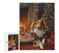 Rompecabezas 500 PCS para Adolescentes Cozy Christmas Shetland Sheepdog by Fireplace Painting Rompecabezas Juego De Ingenio Aliviador De Estrés Desafiante para Completar 500 PCS