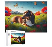 Rompecabezas 500 PCS para Adolescentes Dachshund in Poppy Field Rompecabezas para Adolescentes Juegos Divertidos Ensamblaje De Patrones Ayuda Al Cerebro A Ejercitarse 500 PCS