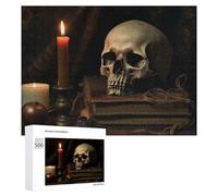 Rompecabezas 500 PCS para Adolescentes Dark Gothic Still Life with Skull and Candle Rompecabezas para Adultos Juego Familiar Carrera De Velocidad De Manos Regalos para Reducir El Estrés 500 PCS