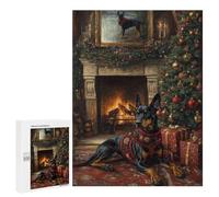 Rompecabezas 500 PCS para Adolescentes Doberman in Festive Sweater Dog Christmas Portrait by Fireplace Rompecabezas Juegos Familiares Ensamblaje De Patrones Cumpleaños Y Navidad 5