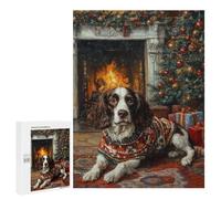 Rompecabezas 500 PCS para Adolescentes English Springer Spaniel by Fireplace Dog in Sweater Christmas Art Rompecabezas para Adultos Juego Familiar Decoración del Hogar para Cumpleaños, Navidad 500 PC