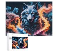 Rompecabezas 500 PCS para Adolescentes Flame and Frost Wolf Portrait Rompecabezas para Adolescentes Juegos Divertidos Ensamblaje De Patrones Ayuda Al Cerebro A Ejercitarse 500 PCS