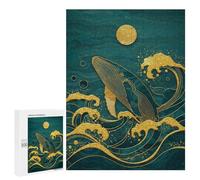 Rompecabezas 500 PCS para Adolescentes Golden Whale in Teal Ocean Art Rompecabezas para Adultos Juego Práctico Arte De Pared Desafiante De Completar 500 PCS