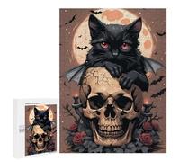 Rompecabezas 500 PCS para Adolescentes Halloween Black Cat on Skull -2 Rompecabezas para Adultos Juego Familiar Carrera De Velocidad De Manos Regalos para Reducir El Estrés 500 PCS