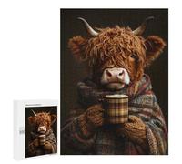 Rompecabezas 500 PCS para Adolescentes Highland Cow with Hot Coffee Rompecabezas para Adultos Juguetes DIY para La Diversión Familiar Ayuda A Ejercitar El Cerebro 500 PCS