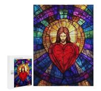 Rompecabezas 500 PCS para Adolescentes Jesus Sacred Heart Stained Glass Rompecabezas para Adultos Juego Práctico Pero Divertido Y Humorístico para Cumpleaños, Navidad 500 PCS