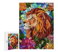 Rompecabezas 500 PCS para Adolescentes Lion in Flowers Stained Glass Rompecabezas para Adultos Juegos De Relajación Vacaciones En Casa Matar El Tiempo 500 PCS