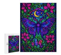 Rompecabezas 500 PCS para Adolescentes Neon Fantasy Stained Glass Moth with Moon Rompecabezas para Adultos Juego Práctico Arte De Pared Desafiante De Completar 500 PCS