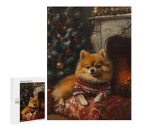 Rompecabezas 500 PCS para Adolescentes Pomeranian Christmas Portrait Cute Christmas Dog Art Rompecabezas Juegos Familiares Ensamblaje De Patrones Cumpleaños Y Navidad 500 PCS