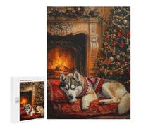 Rompecabezas 500 PCS para Adolescentes Sleeping Husky Dog by Fireplace Christmas Scene Rompecabezas para Adultos Juego Práctico Decoración del Hogar Cumpleaños Y Navidad 500 PCS