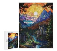 Rompecabezas 500 PCS para Adolescentes Stained Glass Fantasy Landscape with Castle Rompecabezas para Adultos Juego Práctico Arte De Pared Desafiante De Completar 500 PCS