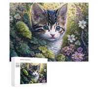 Rompecabezas 500 PCS para Adolescentes Whiskered Whiskers Cute Kitten in Flowers Rompecabezas para Adultos Juegos Divertidos Una Obra De Arte Ayuda A Ejercitar El Cerebro 500 PCS