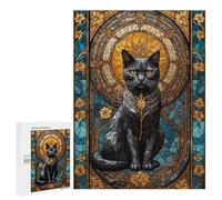 Rompecabezas 500 PCS para Adultos Black Cat Stained Glass Rompecabezas para Adultos Juegos Relajantes Corte De Precisión Oferta como Regalo para Toda La Familia 500 PCS
