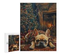 Rompecabezas 500 PCS para Adultos Christmas Bulldog by Fireplace Painting Holiday Dog Wall Art Rompecabezas para Adultos Juego De Ingenio Regalo De Cumpleaños Ayuda A Ejercitar El Cerebro 500 PCS