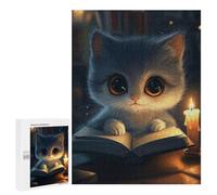 Rompecabezas 500 PCS para Adultos Cute Cat Reading by Candlelight Rompecabezas para Adultos Juegos Divertidos Vacaciones En Casa Matar El Tiempo para Cumpleaños, Navidad 500 PCS