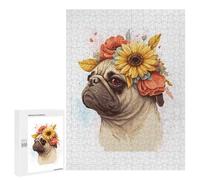Rompecabezas 500 PCS para Adultos Flower Crown Pug Dog Art Rompecabezas Juego De Ingenio Regalos para Mujeres Actividades Divertidas En Casa 500 PCS