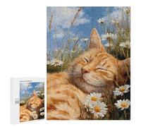 Rompecabezas 500 PCS Sleepy Orange Cat in Daisies -1 Rompecabezas para Adultos Desafío Educativo De Ensamblaje De Patrones De Rompecabezas Regalos De Cumpleaños Y Únicos 500 PCS
