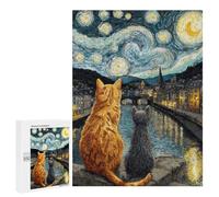 Rompecabezas 500 PCS Starry Night Cats River View Rompecabezas para Adultos Desafío Educativo De Ensamblaje De Patrones De Rompecabezas Regalos De Cumpleaños Y Únicos 500 PCS