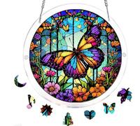 Rompecabezas acrílico para colgar en la ventana con cadena para colgar, decoración de vidrieras, no se decolora, decoración redonda para proyectos de manualidades (mariposa de vidriera)