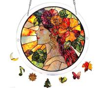 Rompecabezas acrílico para colgar en la ventana con cadena para colgar, decoración de vidrieras que no se decoloran, decoración redonda para proyectos de manualidades (mujer floral de vidrieras)