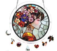 Rompecabezas acrílico para colgar en la ventana con cadena para colgar, decoración de vidrieras que no se decoloran, decoración redonda para proyectos de manualidades (mujer floral de vidrieras)