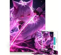 Rompecabezas Anime Cat Girl Neon Katana de 1000 Piezas,Juego cognitivo Divertido,Troquelado de Alta precisión, aliviar el estrés (38x52cm)