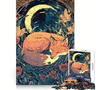 Rompecabezas artístico de 1000 Piezas con diseño de Zorro durmiendo bajo la Luna Creciente, Ideal para Adolescentes Relájate, Mejora tu Mente y CREA una Pieza de Arte nítida y Elegante 38x26cm