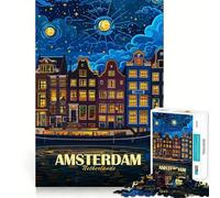 Rompecabezas artístico de Ámsterdam,Países Bajos,Paisaje Nocturno,1000 Piezas,Entrenamiento Mental,Piezas sin Rebabas,Corte Limpio,Actividad Absorbente para Noches tranquilas (38x26cm)