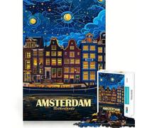Rompecabezas artístico de Ámsterdam,Países Bajos,Paisaje Urbano Nocturno,1000 Piezas,Tren cognitivo,Divertido,Piezas Perfectamente encajables,Regalo de cumpleaños,Juguete para ejercitar la Mente