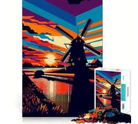 Rompecabezas artístico WPAP de 1000 Piezas con diseño de Molino de Viento y Puesta de Sol Juego Mental Divertido,sin Espacios y con Ajuste Perfecto Regalo Ideal para reuniones Familiares (38x52cm)