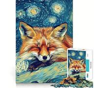 Rompecabezas artístico Zorro durmiendo en la Noche Estrellada para Adolescentes, 1000 Piezas, Actividad para ejercitar la Mente, Borde Exacto, Regalo Festivo 38x26cm