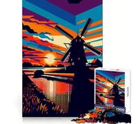 Rompecabezas artísticos Windmill Sunset de WPAP para Adolescentes, 1000 Piezas, para Practicar la lógica, para Momentos de relajación, con Bordes limpios, Regalo Ideal (38x26cm)