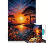 Rompecabezas Atardecer sobre un río Tranquilo en la Sabana Africana para Adolescentes, 1000 Piezas, Juguete cognitivo, pasatiempo Relajante, Borde Premium, 50x75cm
